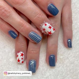 White Nails With Red Stars And Blue Nails With Thin White Stripes