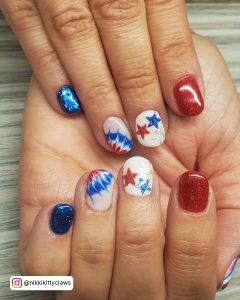 Short Red White And Blue Nail Designs With Stars And Marble Effect