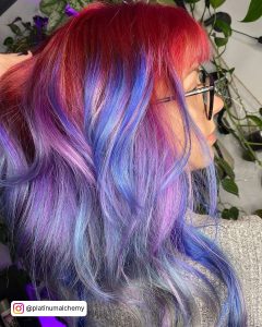 Light Blue, Lilac And Silver Opal Hair With Dark Pink Roots And Fringe