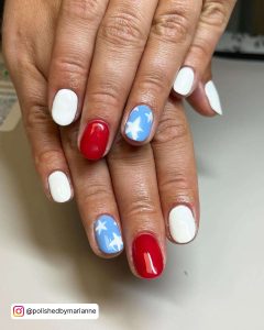 Short And Easy Red White And Blue Nails With Star Design