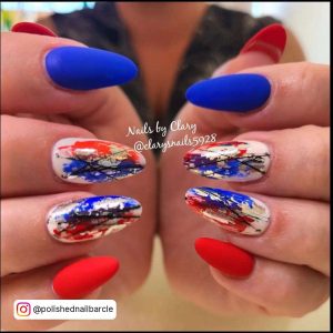Matte Royal Blue And Red Almond Nails With Red White And Blue Nail Art