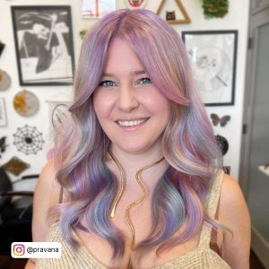 Long And Wavy Lilac Opal Hair With Pastel Blue Pink And Yellow Highlights