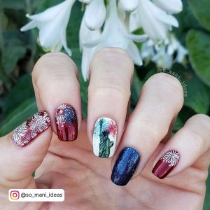 Dark Red Navy And White Nails With Firework Nail Art And The Statue Of Liberty