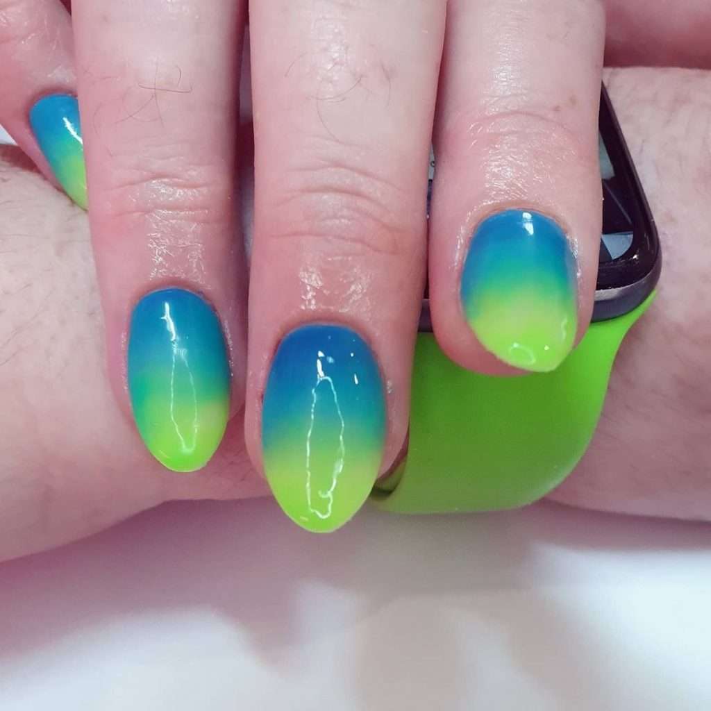 Adorable Blue And Lime Green Ombre Nails