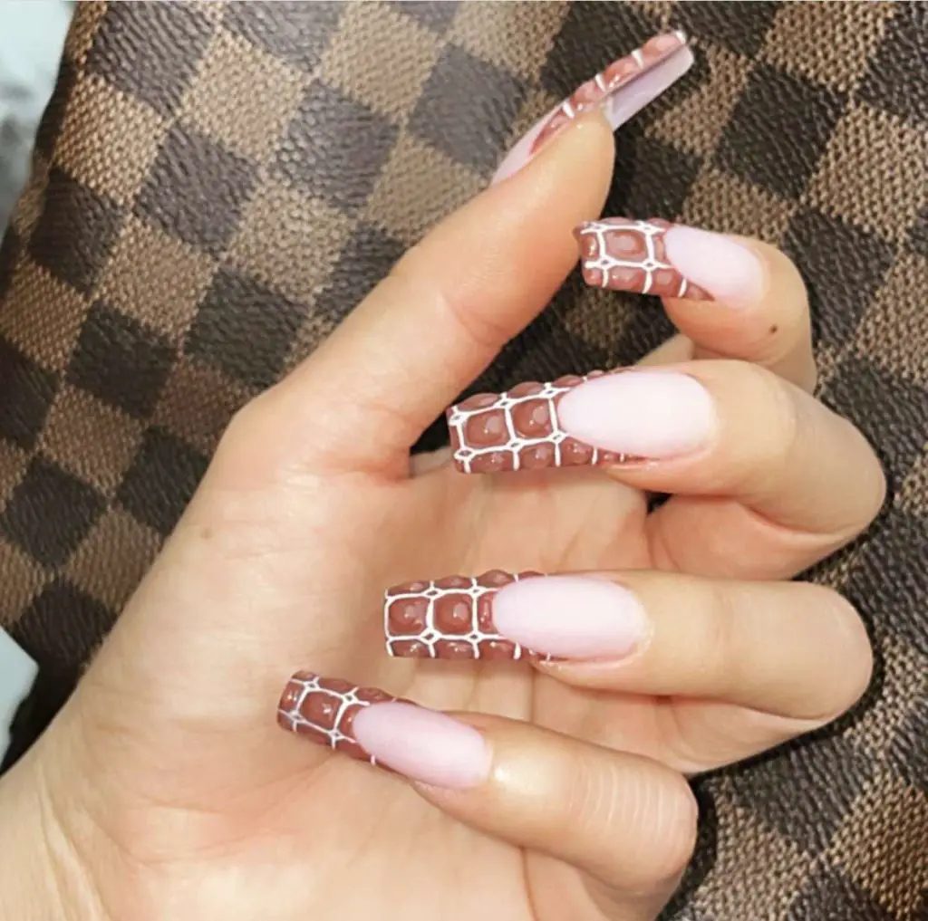 Bubbly Coffin Brown French Tip Nails