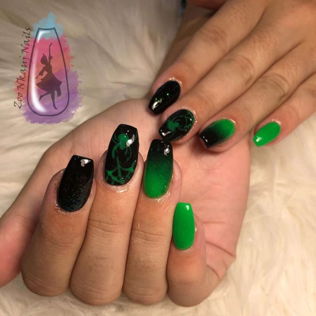 Coffin Shaped Black And Green Ombre Nails