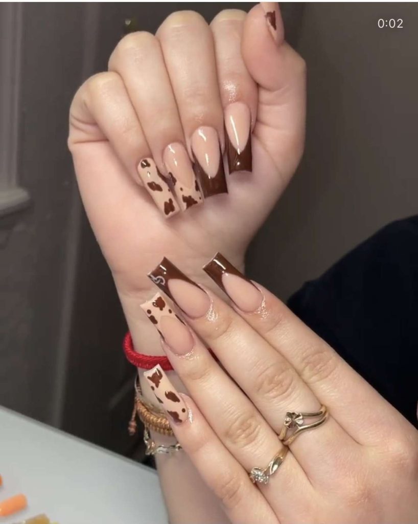 Cut Out Brown French Tip Nails With Moo Print