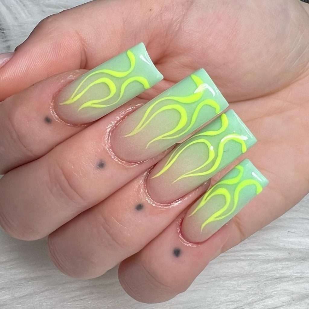 Lime Green Ombre Nails With Flames