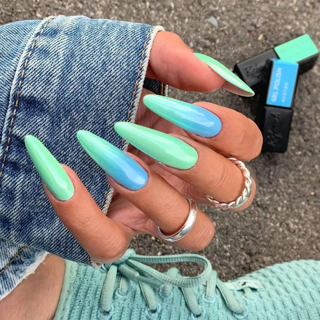 Long Blue And Green Ombre Nails