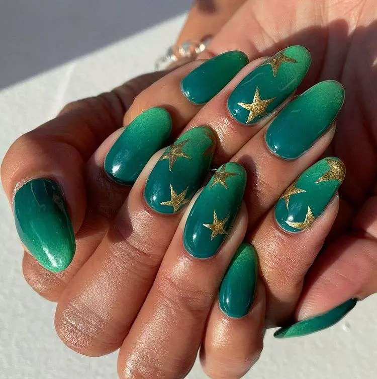 Short Starry Olive Green Ombre Nails