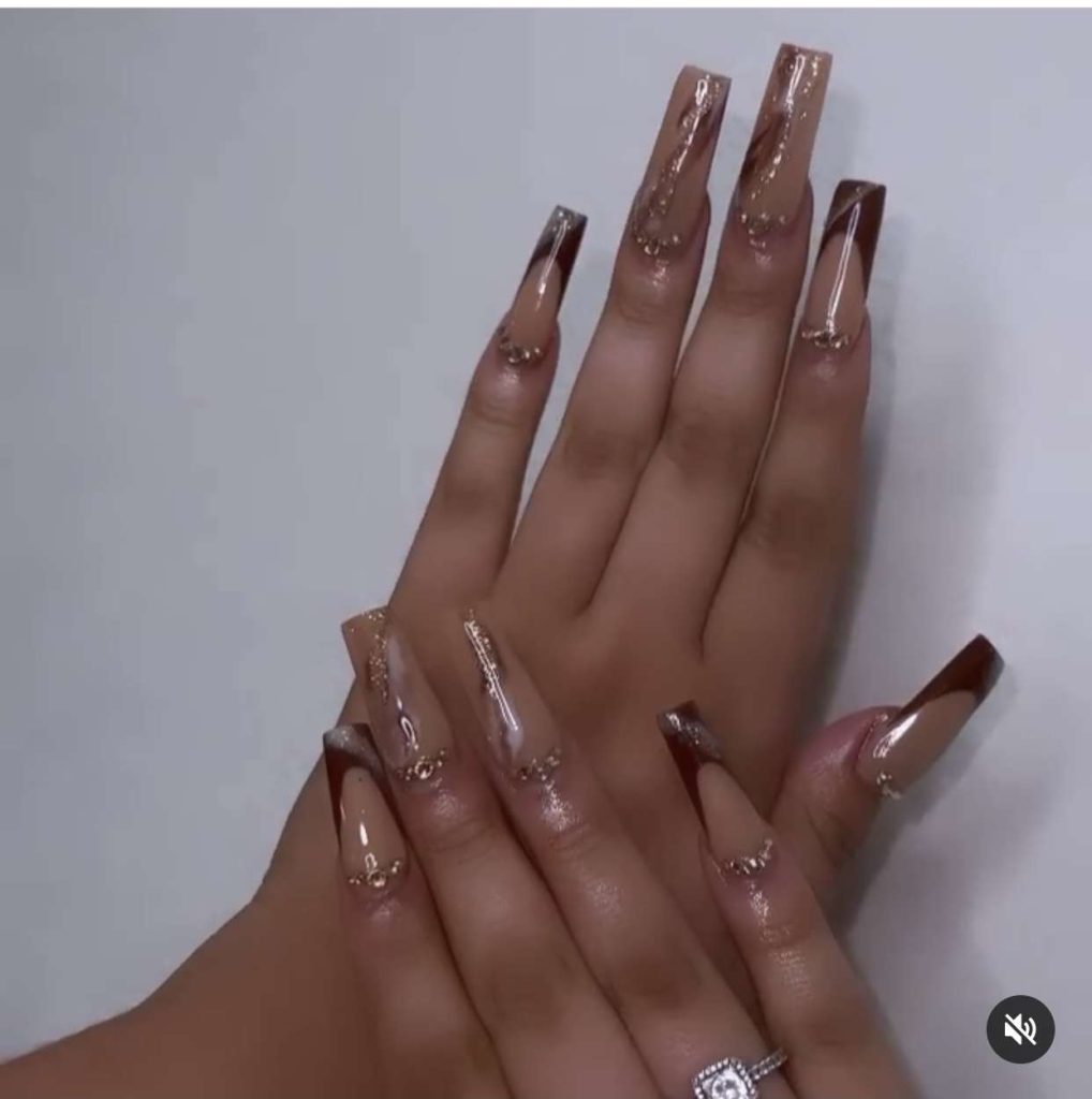 Sparkly Coffin Brown French Tip Nails