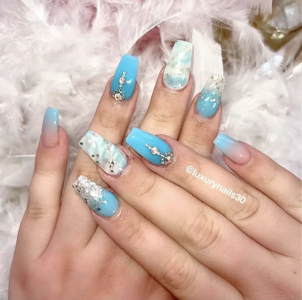 Turquoise Marble Glamorous Birthday Nails