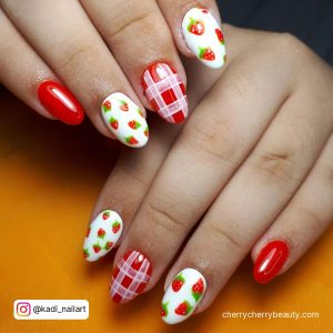 Almond Strawberry White And Red Nail Art With Check Design