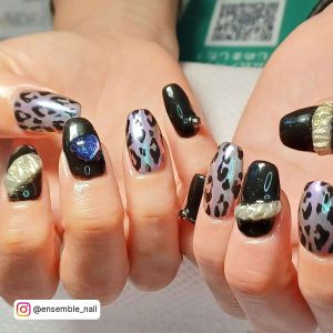Black Gloss Nails With 3D Blue Gel Design And 3D Gold Chrome Design And Silver Chrome Nails With Black Leopard Print Designs