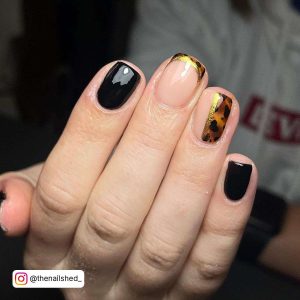 Black Glossy Nails, Tortoiseshell Pattern French Tip, Half Nude Half Tortoiseshell Nails With Gold Chrome Details