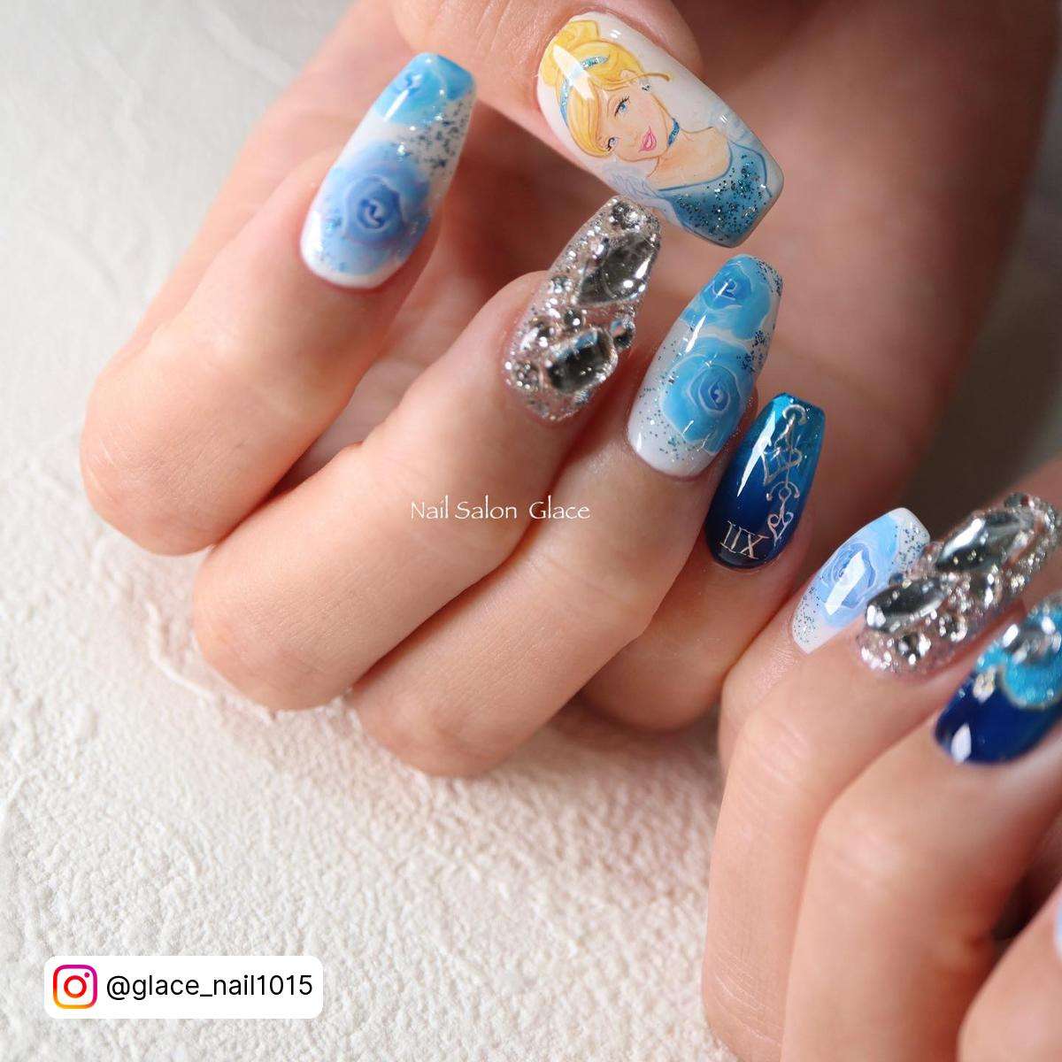 Blue Cinderella Nail Art Designs