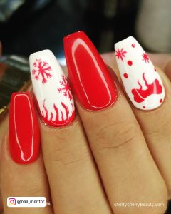 Coffin Red And White Nail Art With Christmas Design