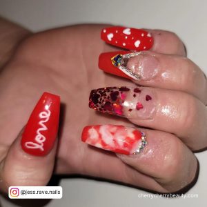 Coffin Red Nails With With White Heart, Bottom Rhinestones, French Tips, And Marbe Design