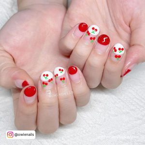 Cute Red And White Berry Nails With Red Oval Red And White French Tips And Berries On White Towel