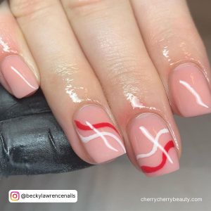 Cute Red And White Swirl Nails With Nude Base