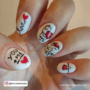 Cute Valentine White Nail With Red Art