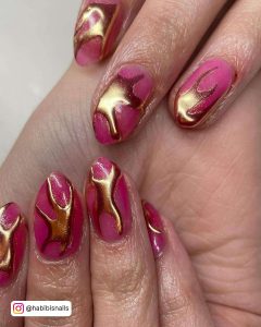 Dark Pink Nails With Thick Gold Chrome Design