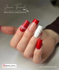 French Red And White Acrylic Nails With Plain, Red French Tip, And Checkered Design