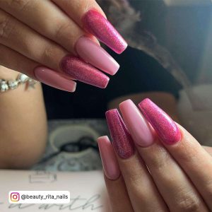 Hot Pink And Light Pink Ballerina Nails With Glitter Nail