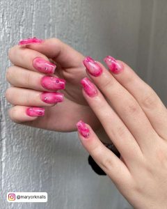 Hot Pink And Light Pink Blended Square Tip Nails With Pink Rhinestones