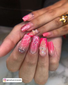 Hot Pink Long Square Tip Gel Nails With French Tip, Glitter And Rhinestone Detail