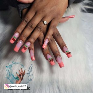 Light Pink And Coral Pink French Tip Long Square Nails With Glitter Cherry Designs