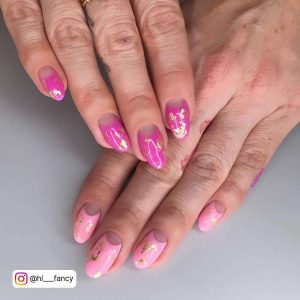 Light Pink And Hot Pink Nails With Gold Foil And A Negative Space Nude Cuticle