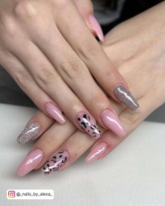 Light Pink And Silver Glitter Long Ballerina Nails With Black And Silver Glitter Leopard Spots