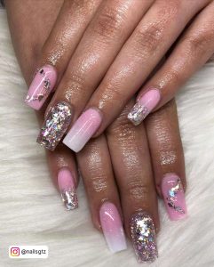 Light Pink And White Ombre Nail, Light Pink Nail With Silver Glitter, Silver Glitter Nail And Light Pink Nail With Silver Glitter Tip