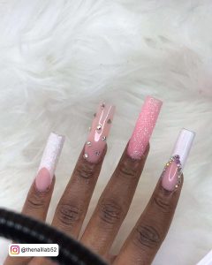 Light Pink Nails With White Glitter Tip, Silver Gems And White French Tip With Rhinestones