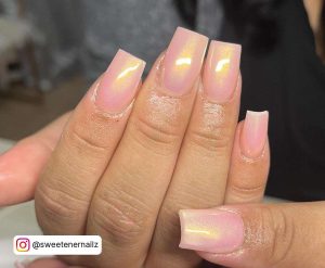 Light Pink Square Tip Chrome Nails