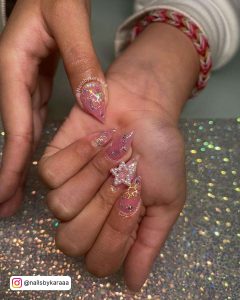 Light Pink Triangle Nails With Silver Glitter 3D Star Nail Art