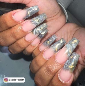 Long Ballerina Nails With Marbled Grey French Tips And Gold Chrome Foil