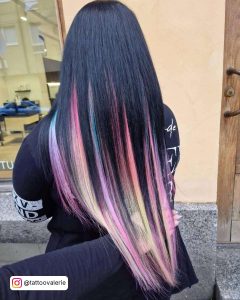 Long Black Hair With Pastel Rainbow Ombre Streaks Under The Hair Peekaboo Show Through Style