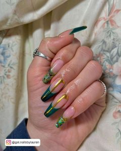 Long Green And Nude French Tip Ballerina Nails With Gold Chrome Design