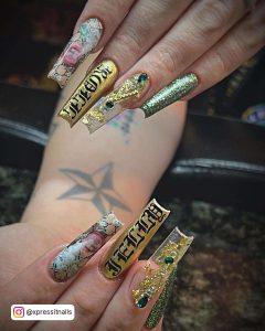 Long Nails With Gold Chrome Design, Gold Glitter Design And Rhinestones