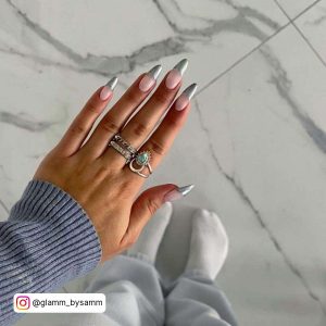 Long Oval Nails With Silver Chrome Tips