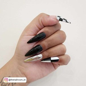 Long Stiletto Nails With Black, Silver Chrome And Checkered Nails