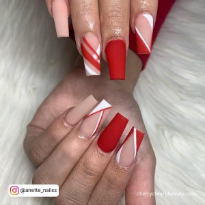 Matte Nude + Red And White Acrylic Nails Design Wiith French Tips On Fur