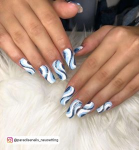 Navy, Light Blue, White And Glitter Swirl Pattern On Short Ballerina Nails