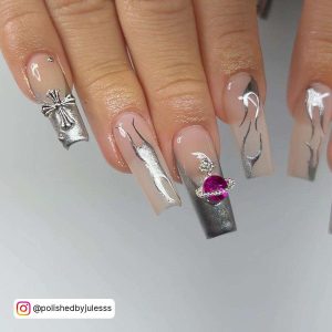 Nude And Silver Chrome French Tip And Tribal Design Nails