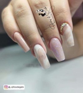 Nude Ballerina Nail Designs With Glitter Nail And Gold Crystal Cuticle Decoration For Wedding