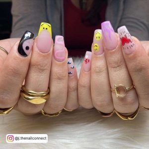 Nude Nails With Fun Pink Designs, Ying Yang Design And Smiley Face Design