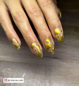 Nude Oval Nails With Gold Chrome Splats