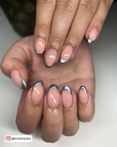 Nude Oval Nails With Silver Chrome French Tips